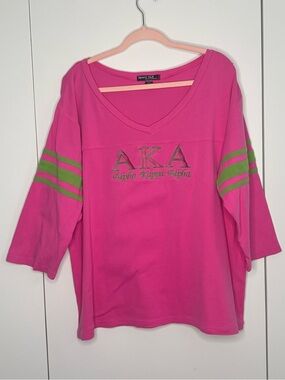 Pink embroidered AKA Alpha Kappa Alpha V-Neck Top with Green Stripes - Size XL